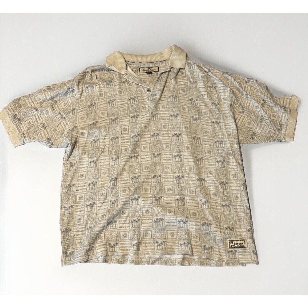 Tommy Bahama Polo Shirt Men's XL Silk Cotton Blend White Palm Tree Print Golf